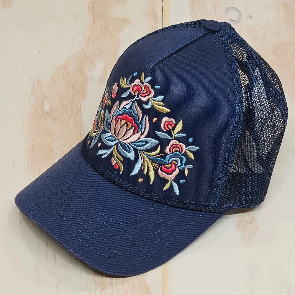 Shyanne Navy Blue Floral Embroidered Mesh Back Snapback Trucker Hat OSFM